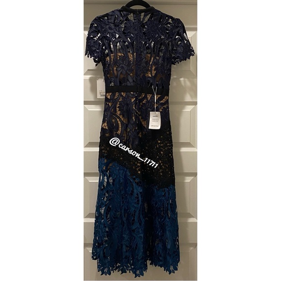 NWT Self Portrait Prairie Midi Dress Navy/Teal - Picture 17 of 17